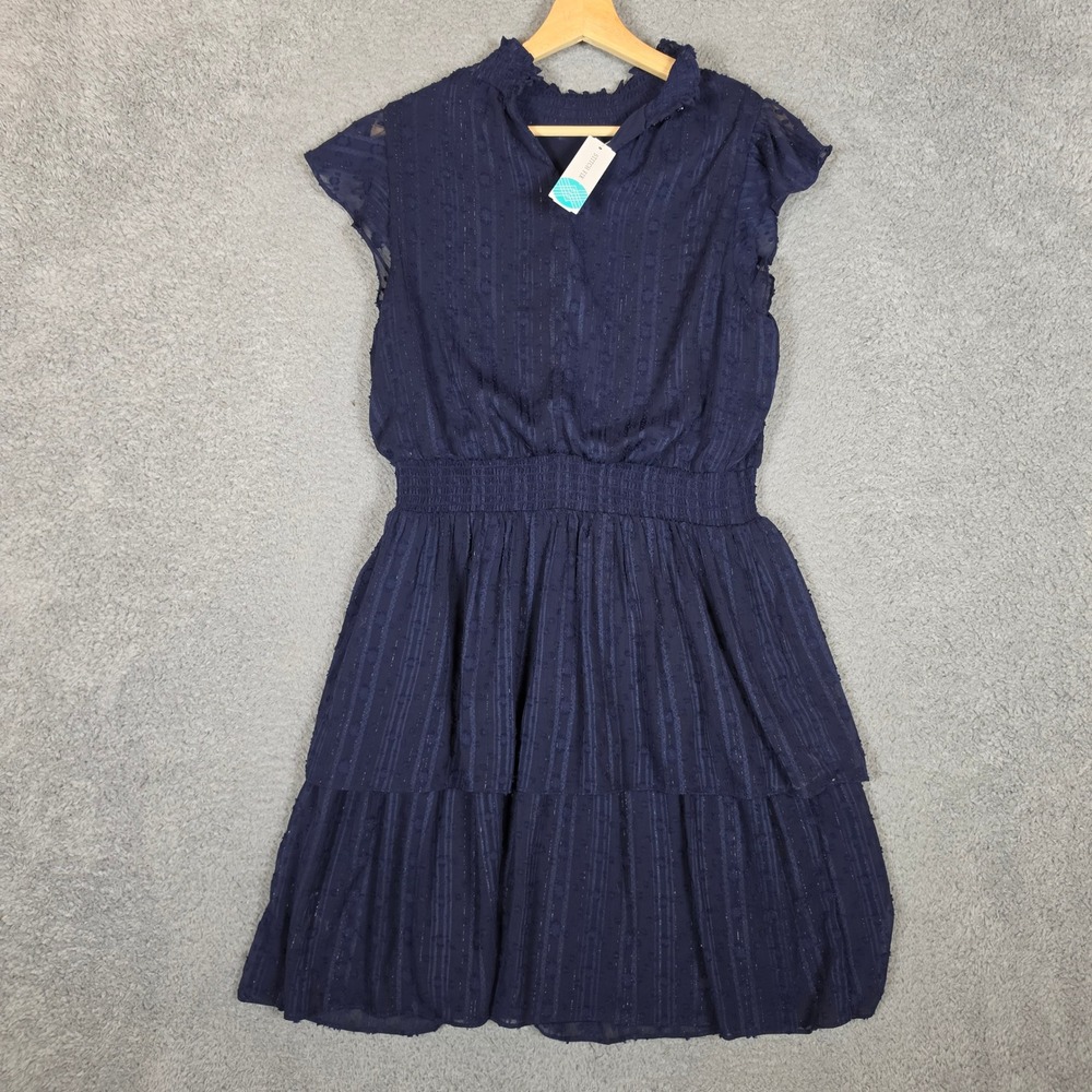 Fortune Ivy Dress Womens Large Navy New Eloise Lace High Neck Tiered‎ Metallic